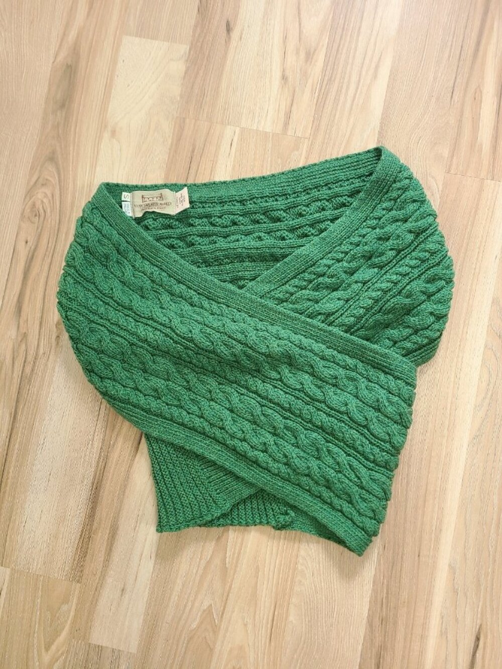 Aran Sweater Market Merino Wool Cable Crossover Wrap Buttons size S Green